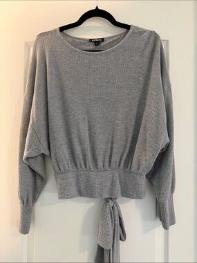 Express Light Gray Waffle Knit Tie-Back Top